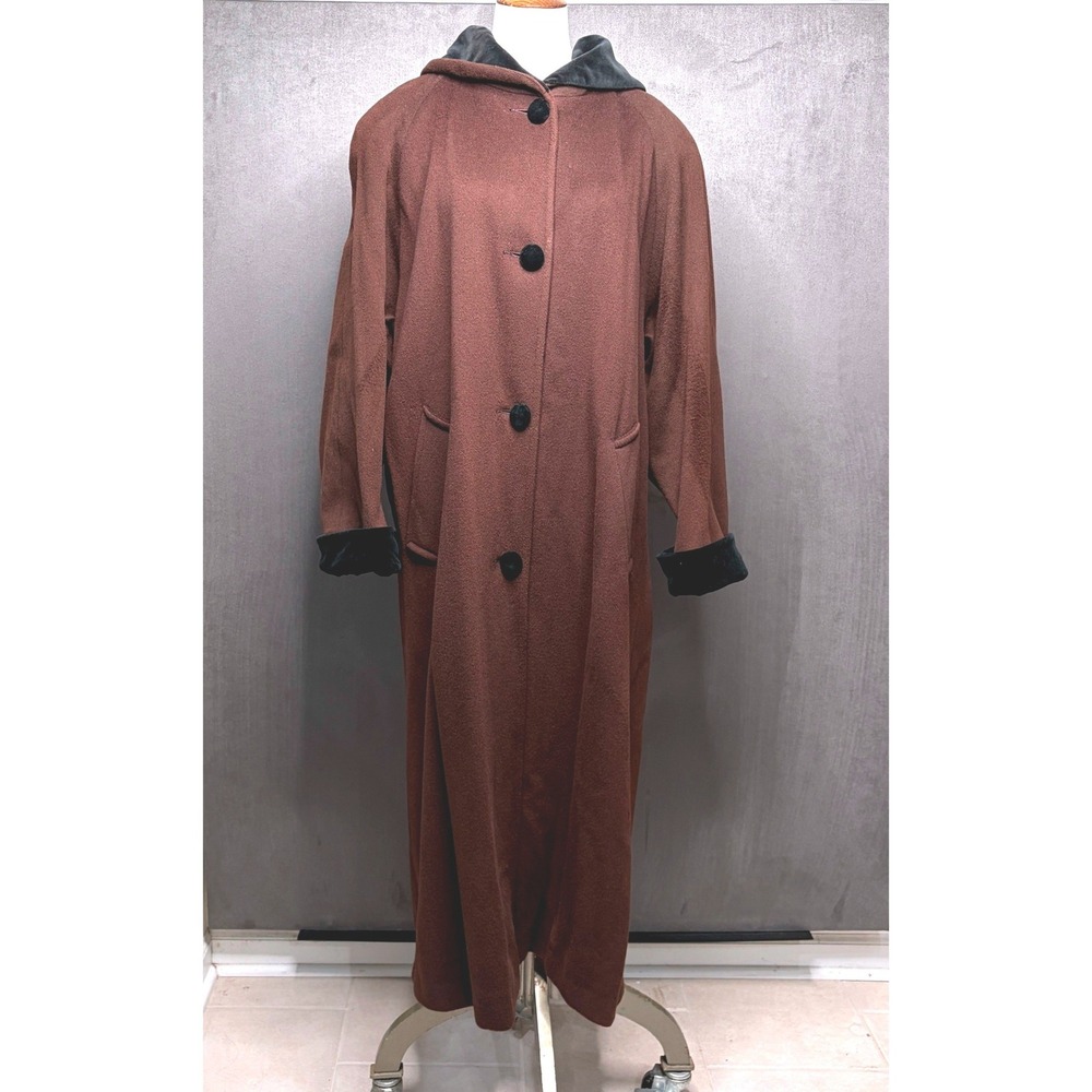 Vtg Forecaster Wool Coat Womens 8 Brown Hooded Velvet Trim Long Trench 90s USA